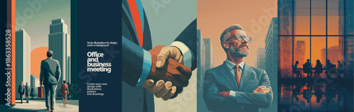 Office and Business Meeting Vector Art Set. Stylish vector illustrations depicting business meetings, handshakes, executives, and urban office environments. 
