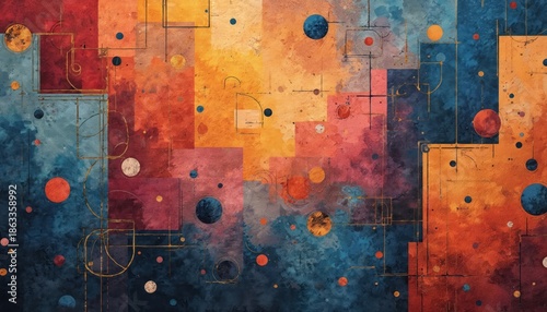 Panel kuchenny z motywem Abstract geometric design features squares, circles, and lines in warm orange, red, and cool blue tones. Textured watercolor style blends modern and traditional elements for a rich, layered look.