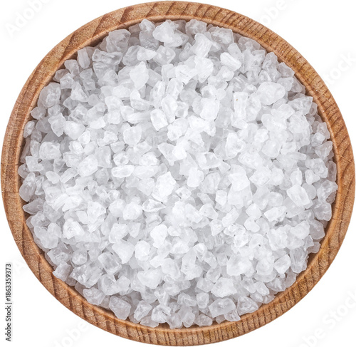 Fotografie Coarse sea salt crystals in wooden bowl isolated, top view