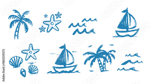 Playful Summer Beach Scene Sketches With Palm Trees, Starfish, Waves, And Sailboats