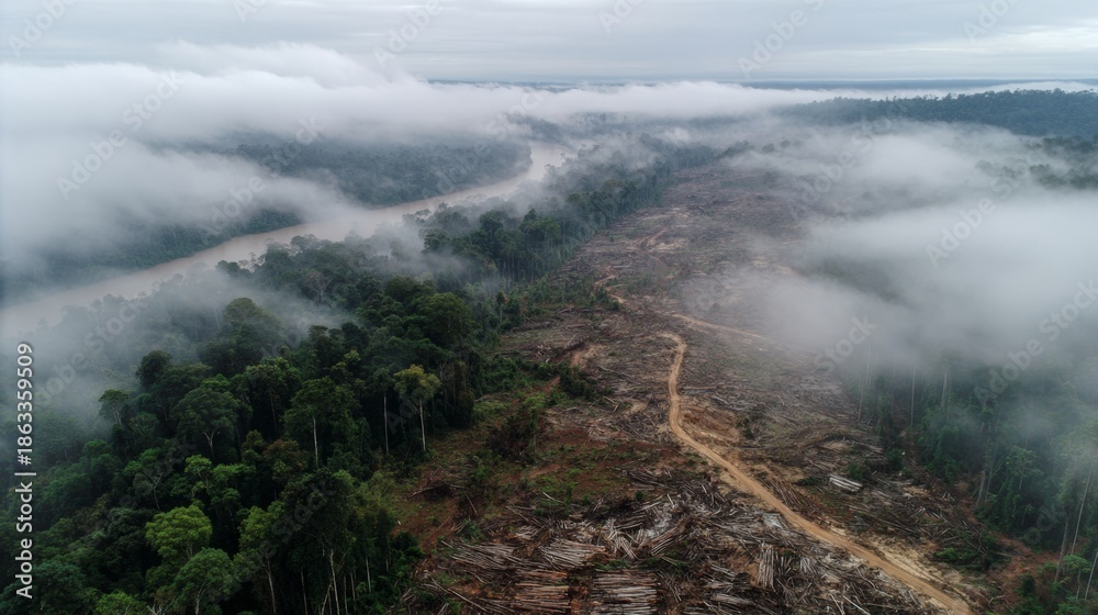 Fototapeta premium Amazon river with deforestation zone