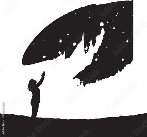 Silhouette of a person reaching towards a starry night sky within a cosmic nebula shape, symbolic of dreams and inspiration