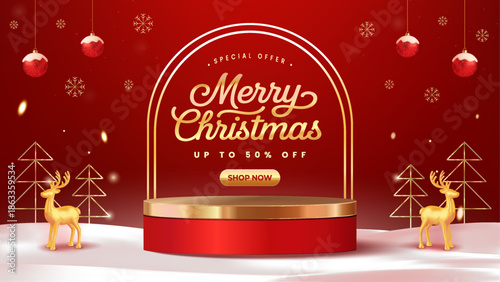 Merry Christmas Promotional Stage With Red Gold Arch, Reindeer, Snow and Gift Shop Button