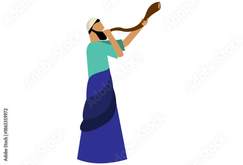 A Jewish man blows a Shofar Horn Illustration for Jewsih New Year or day of Atonement 