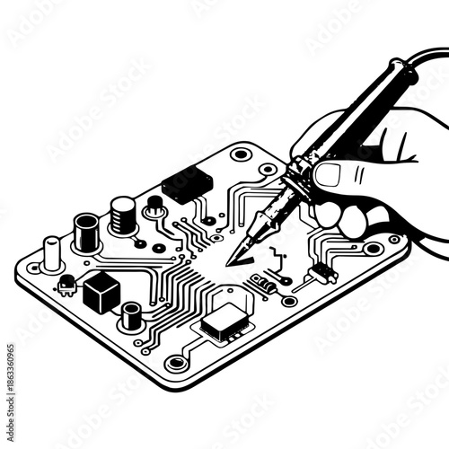 Minimalist vector file of microchips with soldering iron, perfect as a laser template. AI generated.
