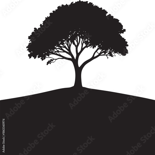 A silhouette of a tree with a full crown standing on a hill against a white background space