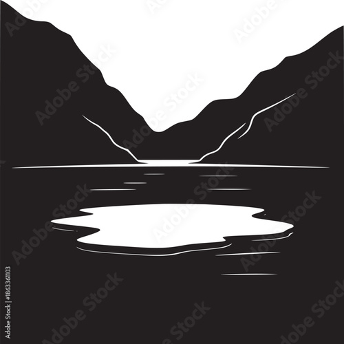 A simplified black and white landscape featuring mountains reflecting in a calm body of water
