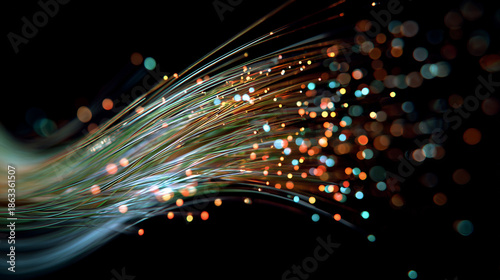 Fiber Optic Cable Bundle Emitting Multiple Color Strands  cable, bundle, emitting, multiple, beams, 