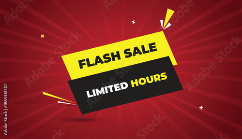Limited Hours Flash Sale Web Banner Vector Art Template Design Badge Icon Label Black Gray Yellow Shapes White Bold Text Dark Red Light Sun Shine Abstract Business Background Promotion Marketing Offer