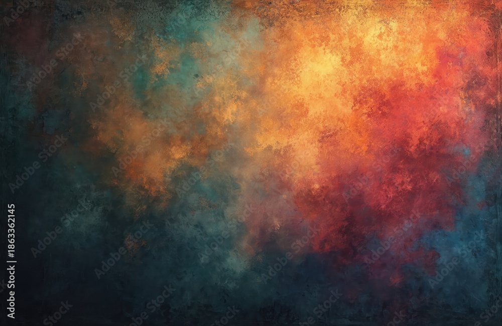 Obraz premium Abstract backdrop with warm orange, red, and cool teal hues. Rough textured surface with grunge effect. Dark vignette frames vivid, energetic cloud-like patterns, creating dynamic mood.