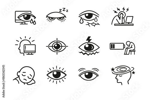 Dry burnout eyestrain eye tiredness vector cue icons health icon stress digital