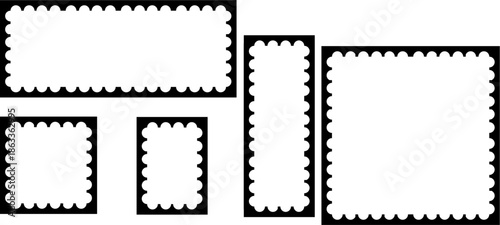 Classic Black Postage Stamp Border Set, Five Vector Perforated Frames for Postcards, Lettering, and Philately Graphics