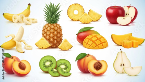 3D Sweet Fruit Vector Icons Set – Realistic Banana, Pineapple, Apple, Mango, Kiwi, Peach, and Pear