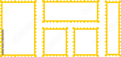 Set of Golden Postage Stamp Frame Borders in Various Rectangular and Square Shapes, Perforated Edge Template for Mail and Philately Design