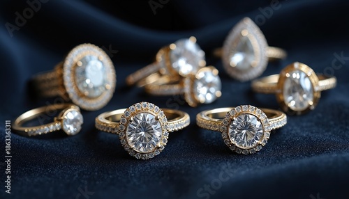 Gold diamond rings gleam on dark velvet. Various luxury rings with clear gemstones shine. Elegant jewelry collection for wedding or special occasion display.