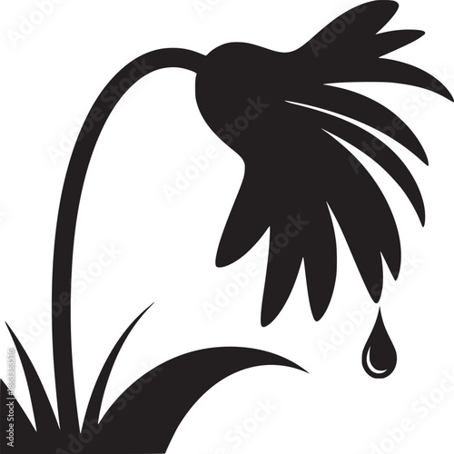 A stylized black and white illustration of a wilting flower with a single teardrop falling down
