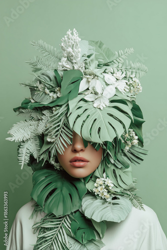 Unique fashion statement with model wearing vibrant green foliage headdress adorned with white flowers and leaf textures. Artistic embodiment of nature with creative leafy design,