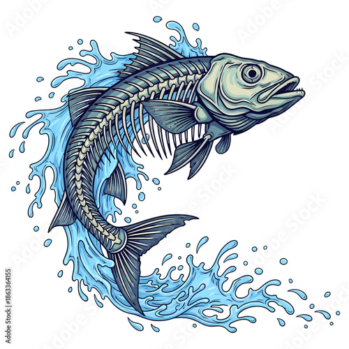 Skeleton fish jumping out of blue water splash vector illustration on white background