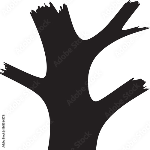 A stark silhouette of a broken tree branch against a plain white background in a minimalist style
