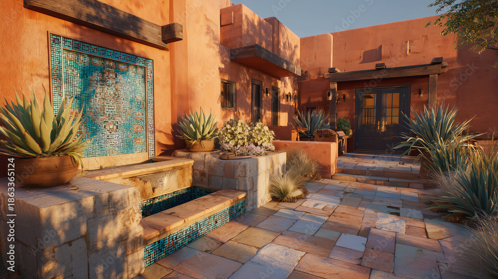Obraz premium Sunlit Desert Courtyard with Adobe Walls and Agave Plants at Dusk