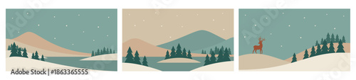 Three minimalistic winter landscapes. Vector illustrations in Scandinavian style