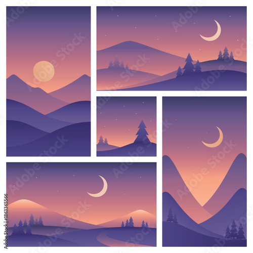 Minimalistic landscape illustrations different sizes. Mountains and night sky. Vector gradient images in purple colors