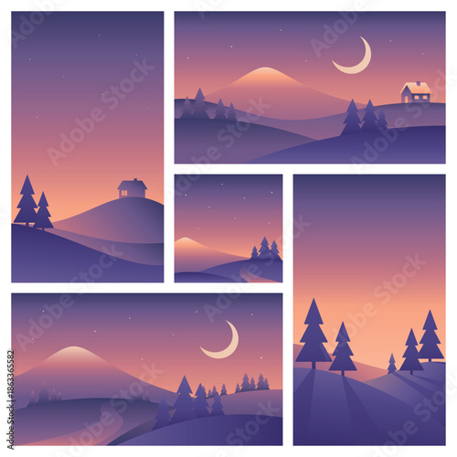 Minimalistic landscape illustrations different sizes. Mountains, hills and night sky. Vector gradient images in purple colors