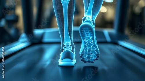 Digital X-ray illustration of human skeleton legs in motion on treadmill, biomechanics, physical rehabilitation, modern healthcare, scientific study of anatomy through advanced medical technology.