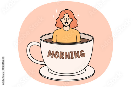 Hot morning coffee in large cup with happy woman looking out of drink for boost of energy. Girl visitor to coffeehouse rejoices at opportunity to enjoy fresh coffee from arabica beans