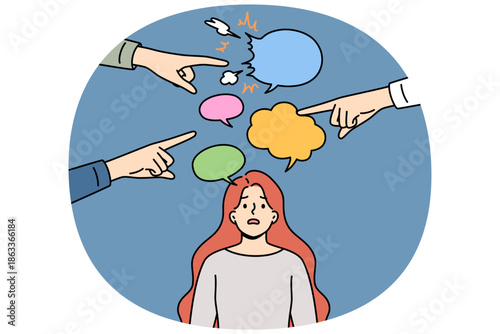 Women hear misogyny and discriminatory remarks from men pointing fingers at frustrated victim. Problem of misogyny based on gender stereotypes and infringement of rights of girls in workplace