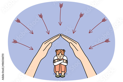 Mother hands protect little daughter from dangers and arrows, for concept of maternal philanthropy. Maternal care for children and readiness for self-sacrifice in process of education