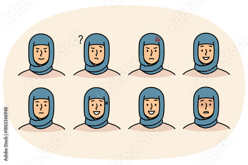 Woman in hijab demonstrates different emotions and moods by making happy or sad grimace. Set of girls in islamic headscarf with various emotions caused by positive or negative thinking