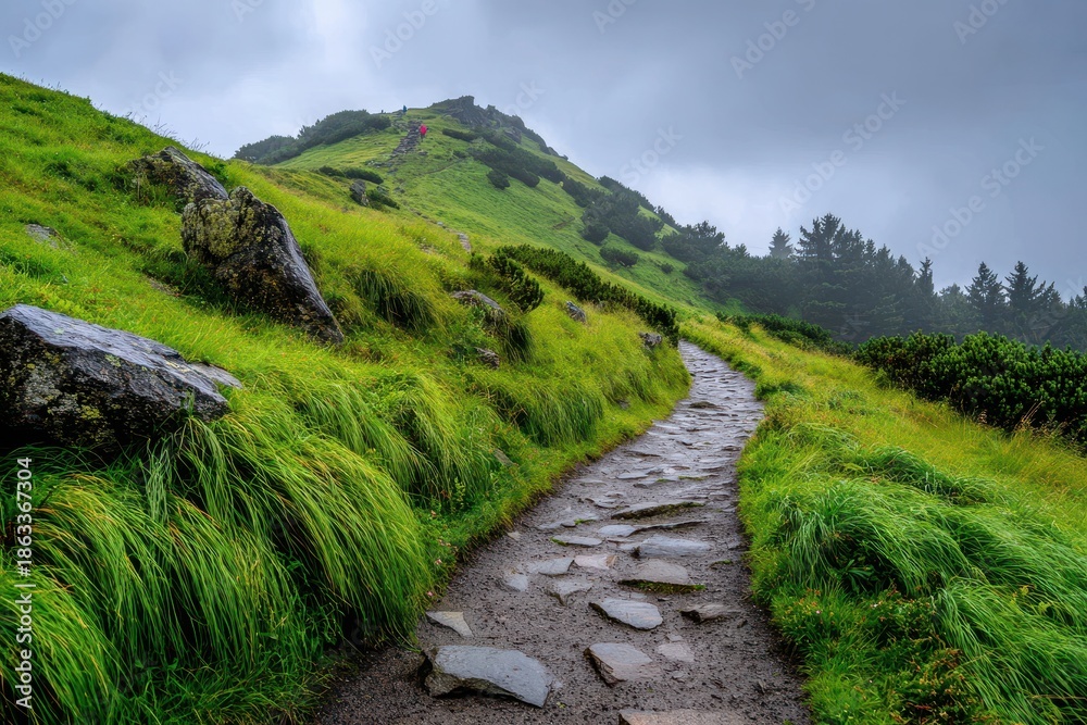 Fototapeta premium Hiking trail through lush green mountain landscape under overcast sky, leading to the peak with figures in the distance, surrounded by forest and vibrant nature.