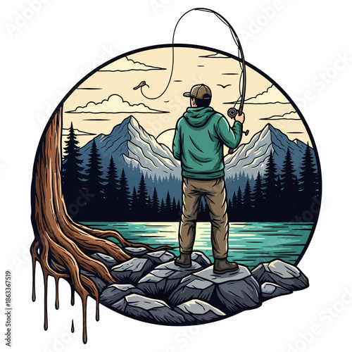 Man fly fishing in mountain lake with forest background vintage style vector illustration