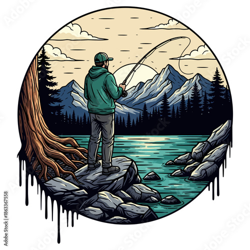 Man fly fishing in mountain lake with forest background vintage style vector illustration