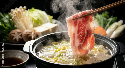 湯気が立ち上る温かい黒豚しゃぶ鍋、食欲をそそる冬の味覚