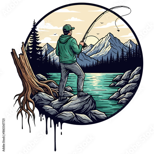 Man fly fishing in mountain lake with forest background vintage style vector illustration