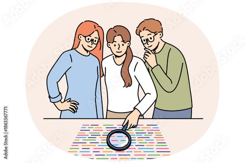 People look with interest at museum exhibition with collection of small elements using magnifying glass. Curious students on excursion to museum to study interesting topic and prepare for exam