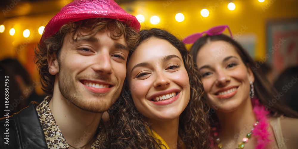 Obraz premium Friends celebrating together with smiles and colorful accessories at lively party. Friends enjoy vibrant atmosphere with festive hats, glasses, and cheerful expressions at social gathering.