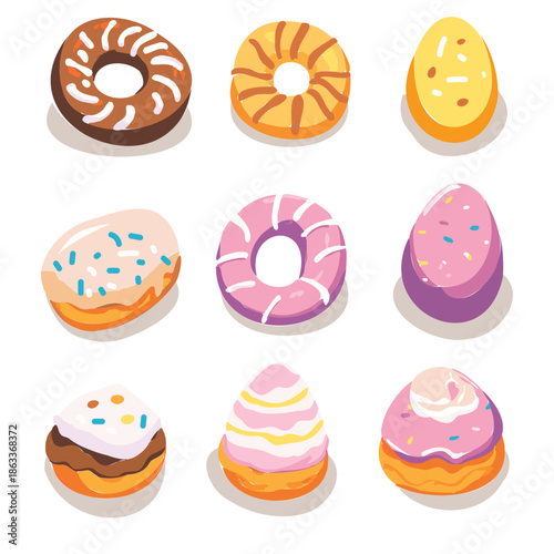 Sweet dessert collection with donuts and easter eggs vector illustration