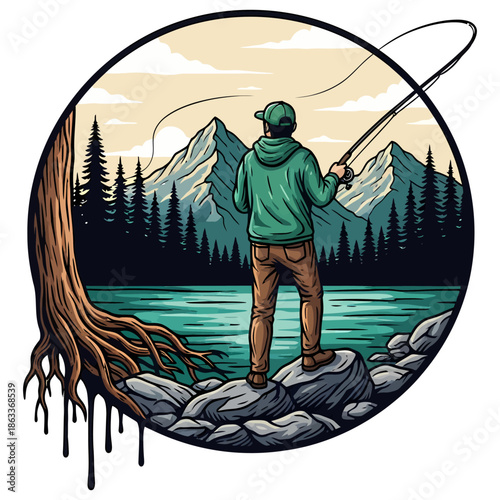 Man fly fishing in mountain lake with forest background vintage style vector illustration
