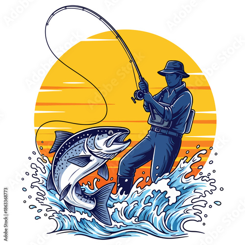 Fisherman catching a large salmon trout fish with fishing rod in the river at sunset background