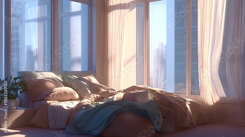 Bedroom interior with sunlit unmade bed and city view