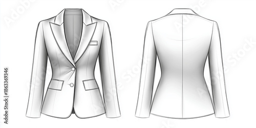 Stylish blazer design featuring detailed front and back views, showcasing classic pockets and tailored fit for formal occasions.