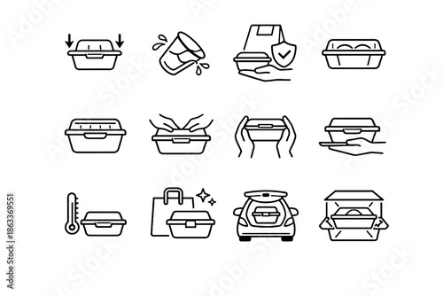 Handling eco care takeout friendly icon secure delivery step packing clarity food