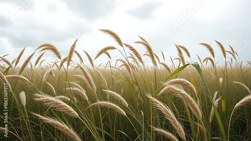 unanimity. A field of tall grass swaying in strong wind under a dramatic cloudy sky. travel magazines, destination branding, designed for outdoor magazines and nature guides.