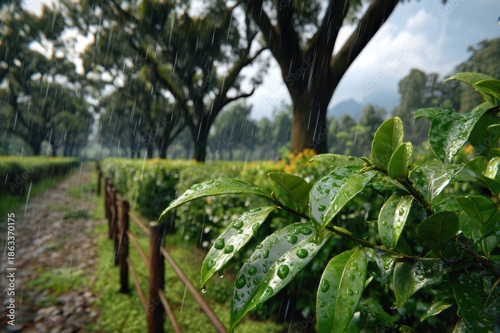 Fototapeta premium A serene scene of gentle rain falling in a garden with lush green plants, a wooden fence and pathway creating a peaceful atmosphere on a rainy day, inviting calm.