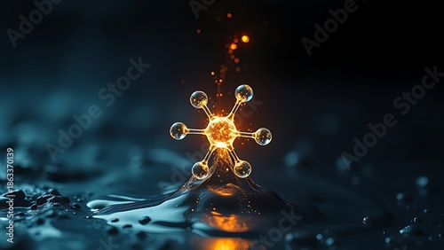 submicroscopic. A single, complex, glowing molecule emerges from a dark, primordial aqueous solution, symbolizing the spark of life. STEM education sheets.