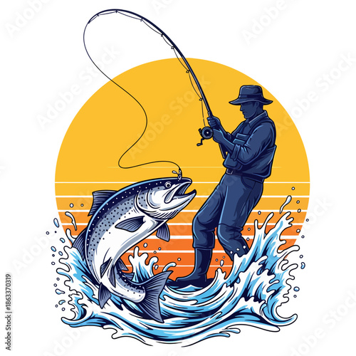 Fisherman catching a large salmon trout fish with fishing rod in the river at sunset background