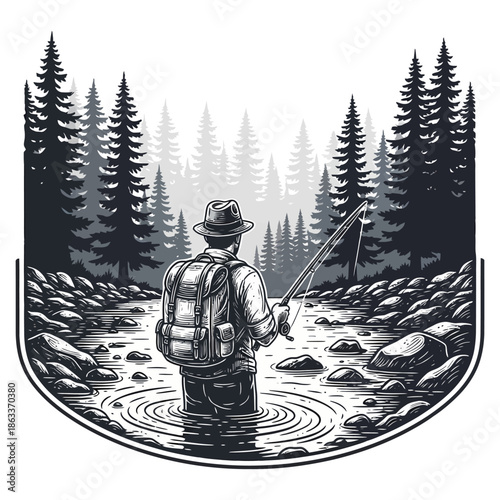 A fisherman with a backpack fly fishing in a river surrounded by pine forest vintage style